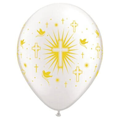 Gold Crosses & Doves Pearl White 11' Qualatex Balloons (50)